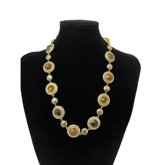 Gold-Tone Statement Necklace With Amber 19" Smoky Quartz Colored Stones Adjustab - Picture 1 of 5